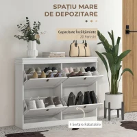 HOMCOM Pantofar Slim cu 4 Uși Rabatabile, Rafturi Reglabile, pentru 10-20 Perechi, Alb(m-4)