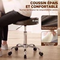 HOMCOM Tabouret à roulettes, tabouret de salon avec hauteur réglable 51-66 cm et assise rembourrée, pivotant 360°, marron(m-4)