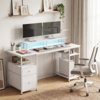 HOMCOM Masă de birou cu lumini LED, sertare, prize, porturi USB și suport pentru monitor 155,5x48x88,5 cm Alb(m-5)