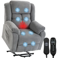 HOMCOM Aufstehsessel mit Massagefunktion und Lendenheizung, Recliner-Sessel mit Fernbedienungen und Seitentaschen, Hellgrau(m-12)