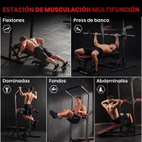 HOMCOM Estación de Musculación Plegable Altura Ajustable con Barra de Dominadas Banco Reclinable para Gimnasio Negro y Rojo(m-4)