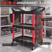 Carrinho de Ferramentas HOMCOM de 3 Níveis com Painéis Perfurados, Ganchos, Balde de Arrumação e Rodas, Preto e Vermelho(m-4)