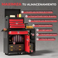 HOMCOM Carro de Herramientas con Ruedas 3 en 1 con 5 Cajones y Armario Inferior Paneles Perforados y Cerradura Negro y Rojo(m-5)