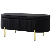 HOMCOM Bancă de Depozitare Ovală 72L cu Capac Rabatabil, din Catifea și Lemn, 108 x 44 x 43,5 cm, Negru(m-12)