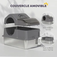 PawHut Maison de Toilette pour Chat avec Couvercle Amovible et Fermé, Côtés Hauts, 60,5x40,5x45cm, Gris Foncé(m-4)