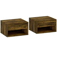 HOMCOM Wall Mounted Nightstands, Floating Bedside Tables Set of 2 with Drawer and Open Shelf for Bedroom, Rustic Brown(m-1)