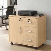HOMCOM Caisson bureau meuble de rangement verrouillable avec 3 tiroirs et étagère réglable, roulettes, 40 x 60 x 56 cm, marron clair(m-15)