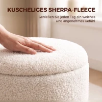 HOMCOM 38 cm Rundhocker mit Sherpa-Bezug, Aufbewahrung und Holzoptik-Metallfuß, Cremeweiß(m-5)