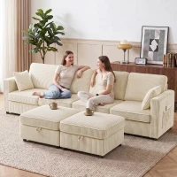 HOMCOM Divano Modulare a U 4 Posti con 2 Pouf Contenitori in Velluto a Coste, 4 Cuscini, Bianco Crema(m-8)