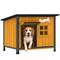 PawHut Cușcă pentru câini de exterior din lemn și oțel rezistent la mușcături, cu acoperiș rabatabil și perdea pentru ușă, galben(m-11)