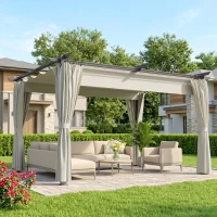 Outsunny Pérgola con Techo Retráctil 4x3 m Cenador con Paredes Laterales Anti-UV Resistente al Agua para Jardín Patio Crema(m-2)
