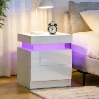 HOMCOM Comodino LED RGB con 2 cassetti, 4 Modalità di luce e 16 colori, in Legno, 45x35x52 cm, Bianco(m-8)