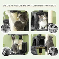 PawHut Pom pentru pisici cu 3 platforme, 2 căsuțe și jucării suspendate, din lemn și pluș, 49x49x173 cm, gri(m-18)