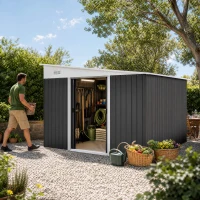 Outsunny Casetta da Giardino con Porta Scorrevole, in Acciaio, 345x280.5x169-201 cm, Nero(m-14)