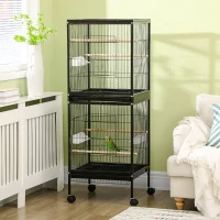 PawHut Gaiola para Pássaros com Rodas de 2 Níveis  com Bandejas Removíveis Portas Comedouros Poleiros 51,5x50x140 cm Preto(m-2)