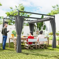 Outsunny Pérgola de Jardín 3x3 m con Techo Retráctil y Cortinas Protección UV30+ Estructura Metálica para Patio Terraza Gris(m-10)