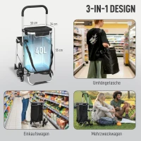 HOMCOM Einkaufstrolley, 40 L Oxford-Tasche, 3-Rad-Design, Aluminiumrahmen, Sitz, Grau(m-4)