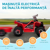 HOMCOM Quad Electric pentru Copii cu Remorcă, Pedală, Mers Înainte și Înapoi, 2,5 km/h, 18-36 Luni, Roșu(m-6)
