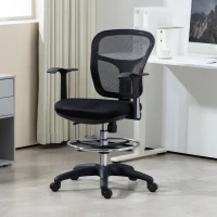 Scaun Rotativ HOMCOM cu Inel pentru Picioare și Spătar Curbat, din Poliester, Spumă și Plastic, 55x58x94 cm, Negru(m-10)