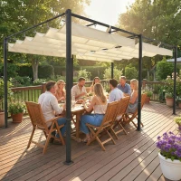 Outsunny Pérgola de Jardín 6x3 m con Techo Retráctil Protección UPF50+ Drenaje Cenador de Jardín para Patio Exterior Crema(m-10)