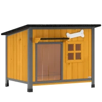PawHut Cușcă pentru câini de exterior din lemn și oțel rezistent la mușcături, cu acoperiș rabatabil și perdea pentru ușă, galben(m-1)