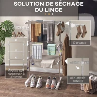 HOMCOM Étendoir à Linge 3 Niveaux, Sechoir a Linge avec 6 Roulettes, Pliable, Cadre en Acier Inoxydable et Ailes Latérales, pour Intérieur Extérieur, 142 x 55 x 152 cm, Blanc(m-5)