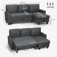 HOMCOM Ecksofa mit Schlaffunktion und Bettkasten L-Form Schlafsofa mit Verwandelbarer Chaiselongue, für Wohnung und Wohnzimmer(m-3)