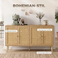 HOMCOM Rattan Sideboard mit 4 Türen, Boho Küchenbuffet mit 2 verstellbaren Einlegeböden, Holzoptik natur(m-5)