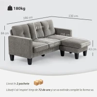 HOMCOM Canapea de colț 3 locuri cu perne pentru șezut și spătar, din material textil cu efect de catifea, 186x130x84 cm, taupe(m-3)