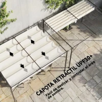 Outsunny Pérgola de Pared de Jardín 4x3 m con Techo Retráctil Protección UPF30+ Drenaje Cenador de Jardín para Exterior Crema(m-5)