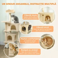 PawHut Ansamblu pentru Pisici, 140 Cm, cu 2 Căsuțe, Hamac, Culcuș și Stâlpi din Sisal, Bej(m-4)