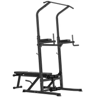 HOMCOM Estación de Musculación Torre de Entrenamiento Altura Ajustable con Barra de Dominadas y Banco Plegable para Fitness en Casa Gimnasio Carga 150 kg 99x178x230 cm Negro(m-11)