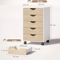 HOMCOM Caisson de bureau à roulettes et 5 tiroirs, classeur mobile, pour bureau, salon 40x40x67 cm blanc et naturel(m-3)