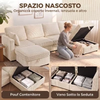 HOMCOM Divano Modulare a U 4 Posti con 2 Pouf Contenitori in Velluto a Coste, 4 Cuscini, Bianco Crema(m-5)