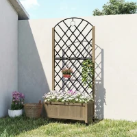 Outsunny Raised Garden Bed with Metal Trellis, Wooden Elevated Planter Box w/Lockable Wheels, Outdoor Raised Planter, Carbonised(m-7)