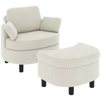 HOMCOM Fauteuil met opbergpoef, cordbekleding, omsluitende leesstoel met verstelbare hoofdsteun, brede zitting, crèmewit(m-15)