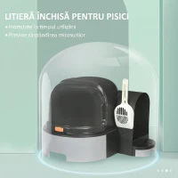 PawHut Litiere pentru Pisici Închise cu Capac, Tavă Detasabilă și Lopățică, din PP și PC, 52x60x42 cm, Gri Închis(m-6)