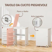 HOMCOM Mobile per Macchina da Cucire Pieghevole con Piano Ampio, 3 Contenitori, Mensola Inferiore, Ruote, Bianco(m-4)