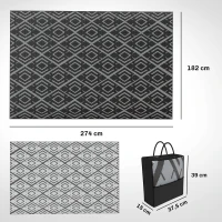Outsunny Alfombra de Exterior Reversible 182x274 cm con Patrón Geométrico de Rombos Impermeable Bolsa de Transporte Negro(m-3)