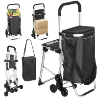 HOMCOM Einkaufstrolley, 40 L Oxford-Tasche, 3-Rad-Design, Aluminiumrahmen, Sitz, Duneklgrau(m-12)