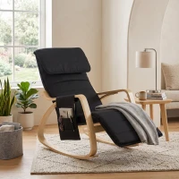 HOMCOM Silla Mecedora con Reposapiés Ajustable en 5 Posiciones Bolsillo Lateral Reposabrazos de Madera Reposacabezas Negro(m-7)