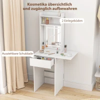 HOMCOM Compacter Make-uptafel met Spiegel en LED-verlichting, opklapbaar tafelblad, open planken, lade, MDF, Wit(m-6)