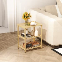 HOMCOM Masă laterală din bambus, 3 niveluri cu rafturi cu lamele, pentru spații mici, living & dormitor, lemn natural(m-4)