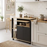 HOMCOM Rollender Küchenwagen mit Stauraum, Schrank, verstellbare Regale, für Küche, Wohnzimmer, Esszimmer, Schwarz(m-9)
