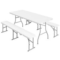 Outsunny 3-teiliges Picknicktisch-Set, 1 Tisch, 2 Bänke, Faltbarer Campingtisch mit Tragegriffen, Kunststoff, Metall, Weiß(m-1)