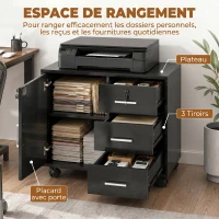 HOMCOM Caisson bureau meuble de rangement verrouillable avec 3 tiroirs et étagère réglable, roulettes, 40 x 60 x 56 cm, noir(m-4)