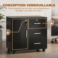 HOMCOM Caisson bureau meuble de rangement verrouillable avec 3 tiroirs et étagère réglable, roulettes, 40 x 60 x 56 cm, noir(m-5)