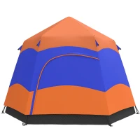 Outsunny Doppellagiges Instant-Pop-Up-Zelt mit Regenschutz, Outdoor Familienzelt für 4 Personen wasserdicht sechseckig 4 Jahreszeiten Kuppelzelt mit Bodenplane 2 Türen Moskitonetz Tragetasche Orange(m-11)