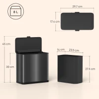 HOMCOM Pubelă 8 L cu Capac din Oțel Inoxidabil, Suspendată sau de Sine Stătătoare, 29,7x17,4x30 cm, Negru(m-3)
