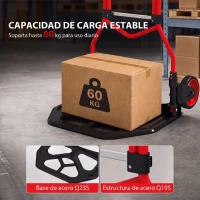 HOMCOM Carretilla Plegable con Mango Telescópico Ajustable Carga 60 kg Carretilla de Mano con Ruedas para Garaje Oficina Rojo(m-6)